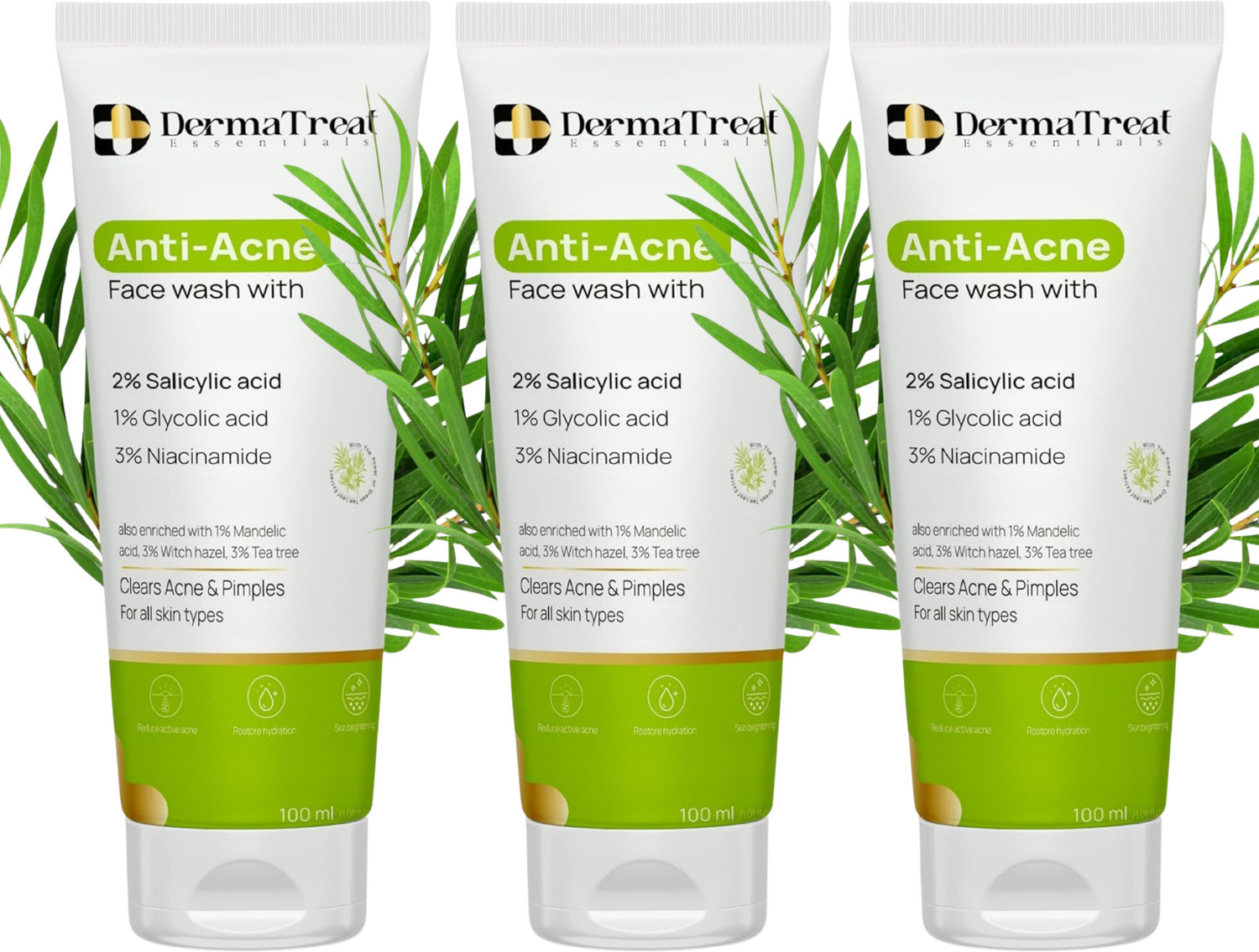 Image of DermaTreat Essentials Acne Control with Salicylic Acid | Reduces Pimples, Clears Pores and Prevents Breakouts | For Oily and Acne-Prone Skin | Pack of 3 Face Wash