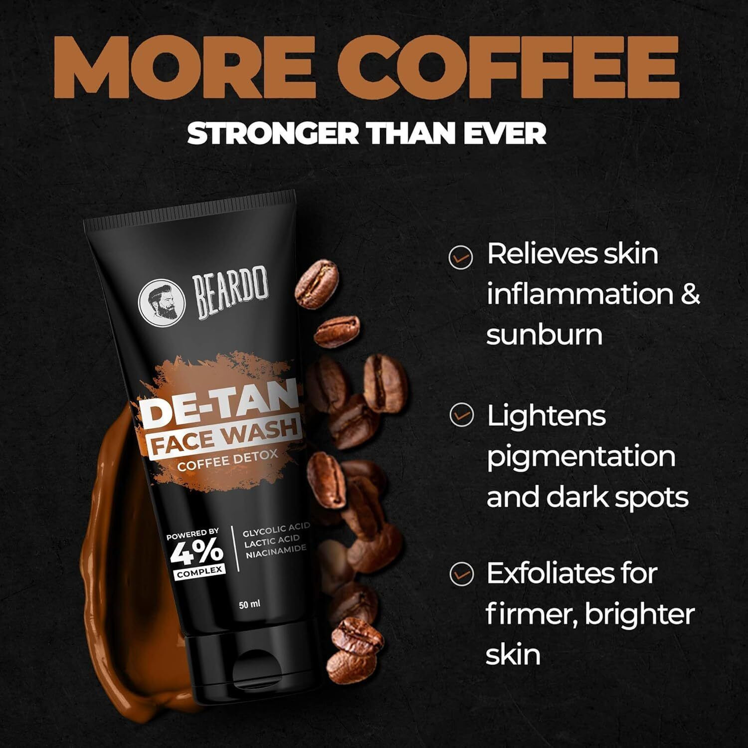 Image of BEARDO De-Tan Glycolic & Latic Acid, Niacinamide & Coffee Tan removal Exfoliates Men (Pack of 2) Face Wash
