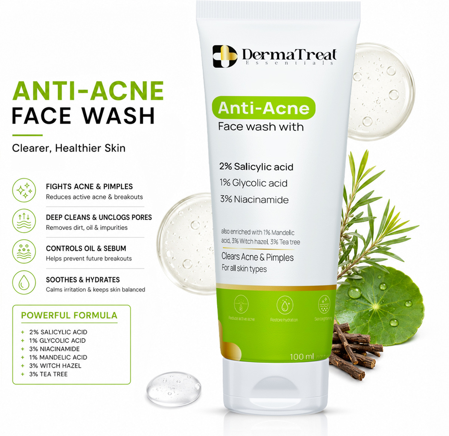 Image of DermaTreat Essentials Anti Acne With 2% Salicylic Acid, 1% Glycolic Acid & 3% Niacinamide for Active Acne, Pigmentation & Even Tone Skin Face Wash