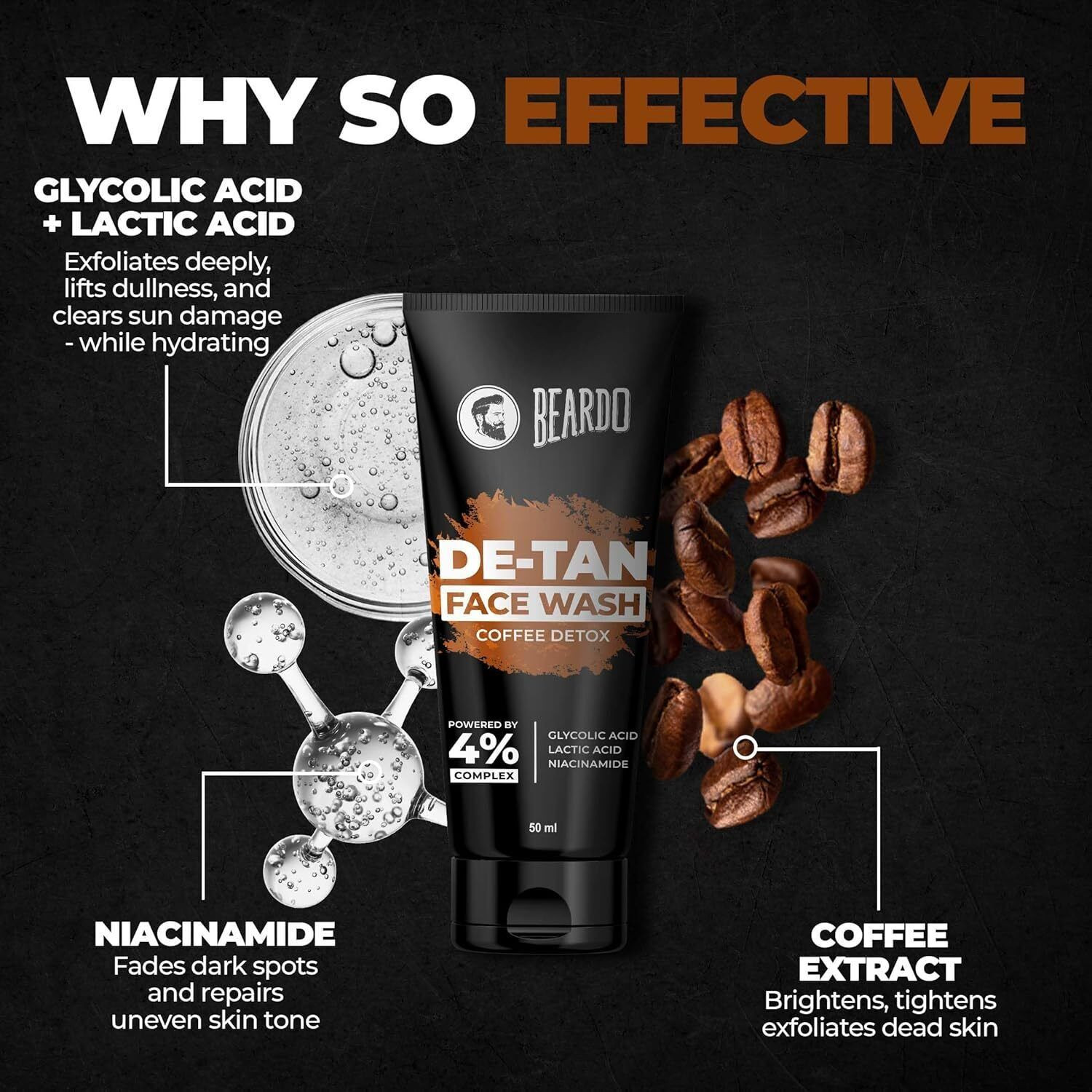 Image of BEARDO De-Tan Glycolic & Latic Acid, Niacinamide & Coffee Tan removal Exfoliates Men (Pack of 2) Face Wash