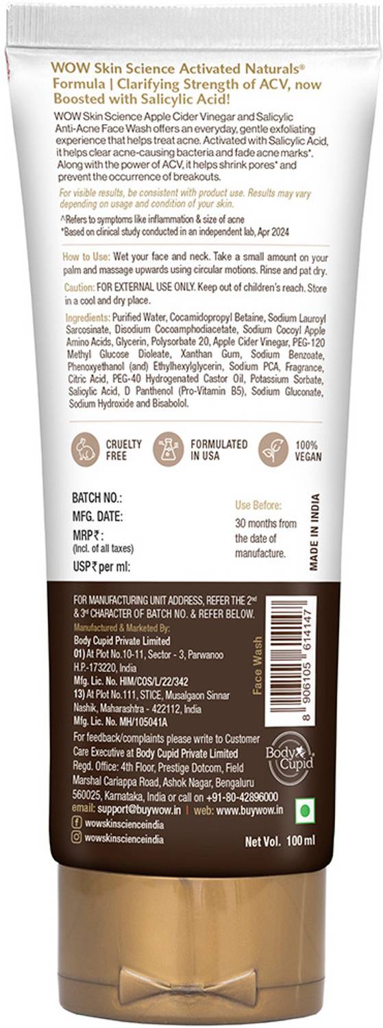 WOW वोव एप्पल साइडर विनेगर फेस वॉश 100mL ट्यूब फेस वॉश - Image 3