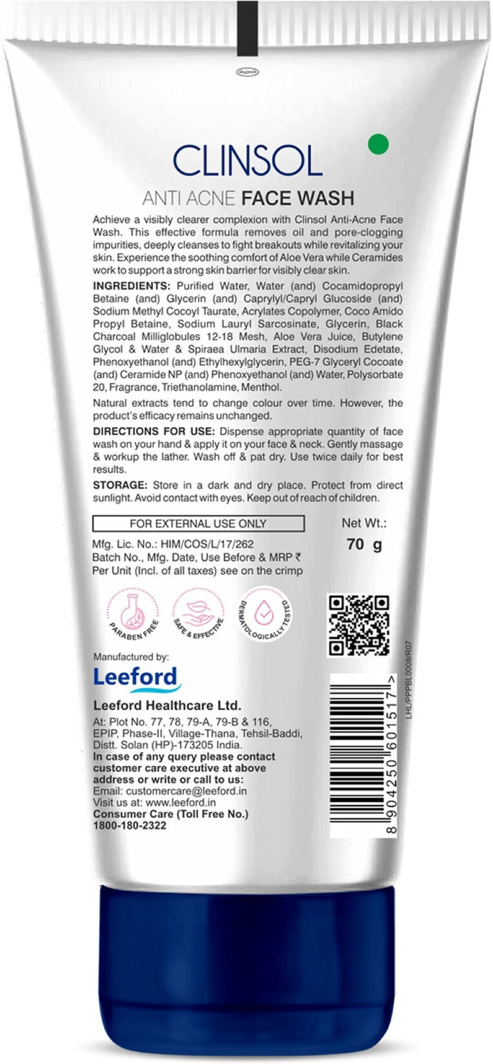 Image of Clinsol Anti-Acne Charcoal With Aloe Vera & Meadowsweet Extract | Paraben-Free Face Wash