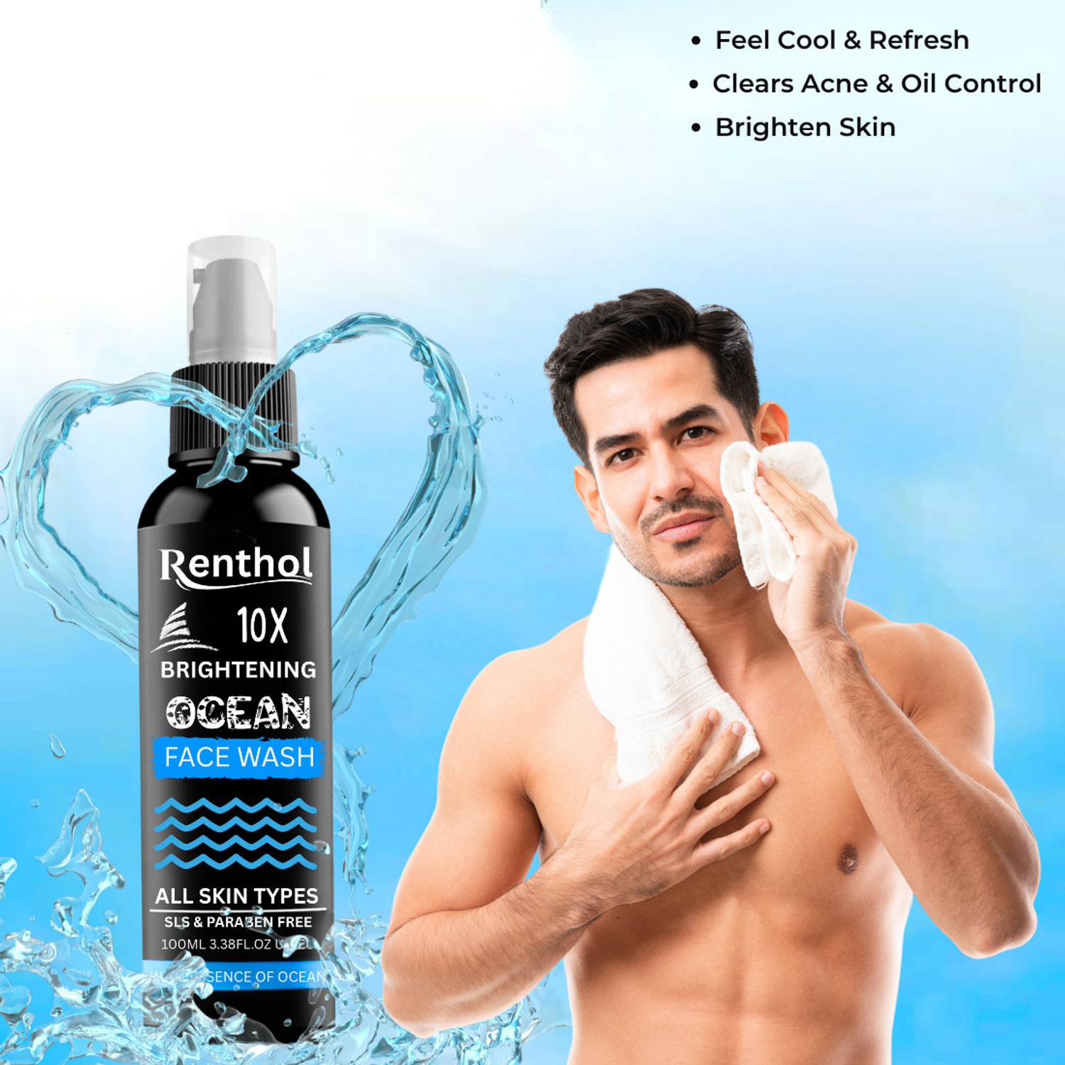 Image of Renthol Ocean for Men | Fight Acne & Pimples, Brighten Skin, Clears Dirt, Oil Control, Refreshing Feel - Multi-Action Formula (pack of2) Face Wash