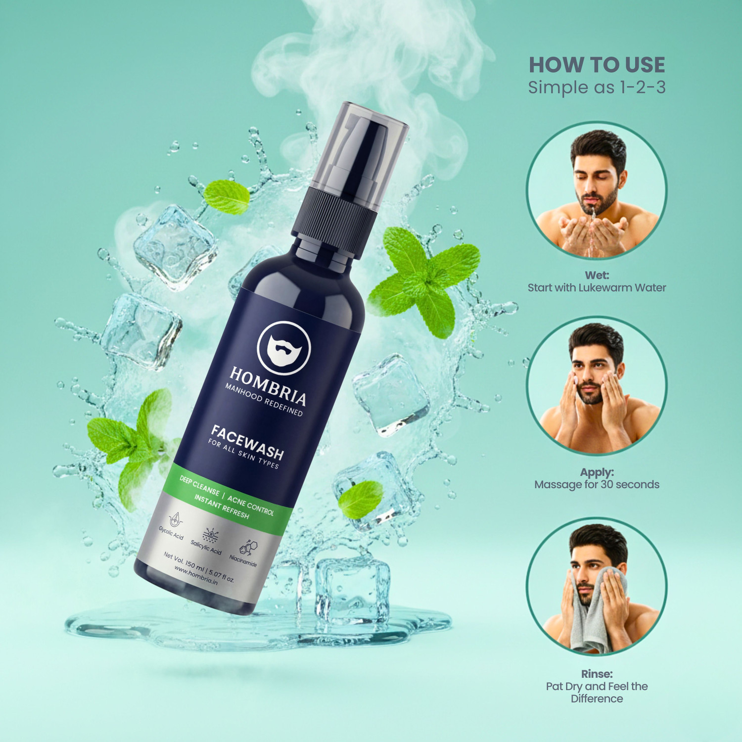 Image of HOMBRIA Facewash for Men, Anti Acne & Pimple, Pore Cleanse, Brightening, All Skin Types Face Wash