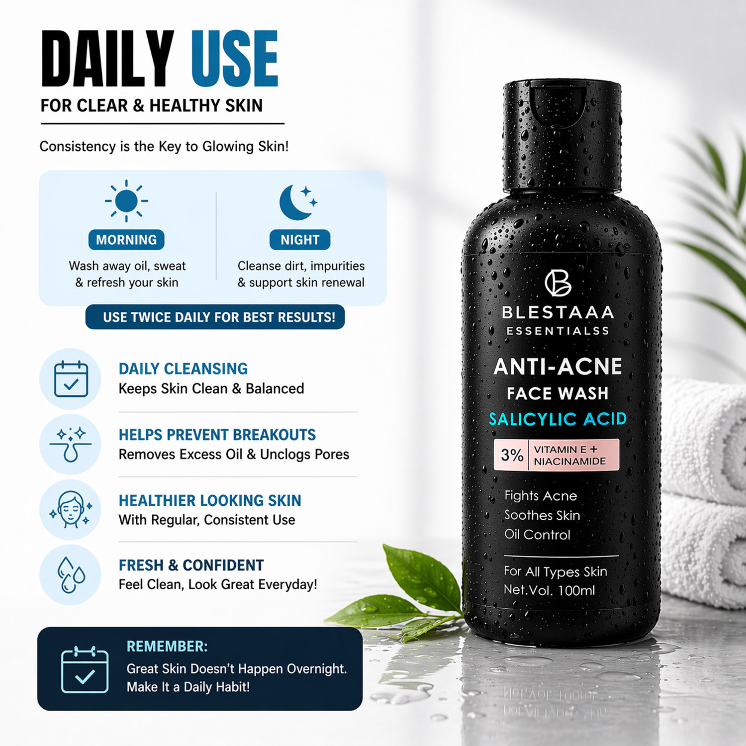 Image of blestaaa essentialss 2% Salicylic Acid For Oily Skin Anti Face Cleanser With Niacinamide & Vitamin E For Acne Face Wash