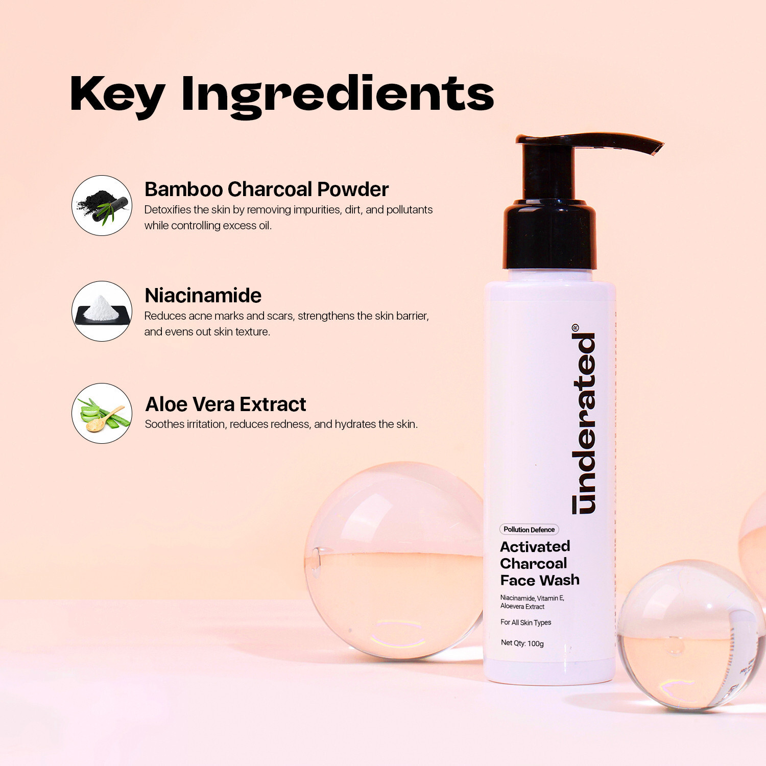 Image of UNDERATED Activated Charcoal Pollution Defence | Deep Cleansing & Oil Control | With Niacinamide, Vitamin E, & Aloe Vera Extract | Unclogs Pores & Detoxifies Skin | For All Skin Types Face Wash