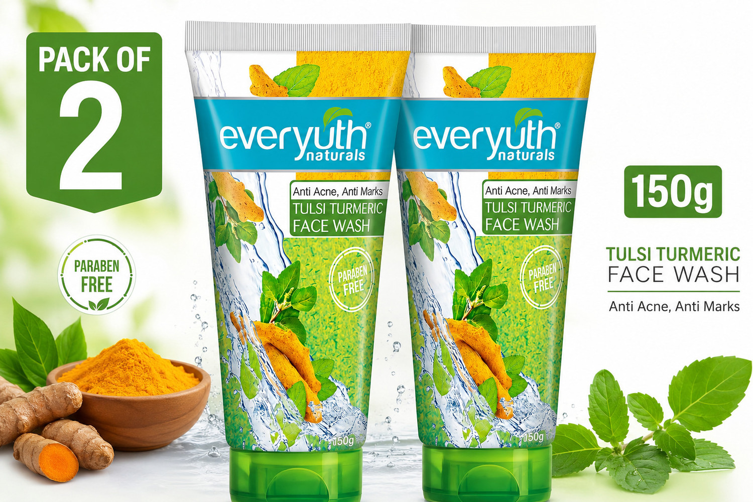 Image of Everyuth Naturals Anti Acne Anti Marks Tulsi Turmeric Gentle Exfoliation&Blemish Control (300 g) Face Wash