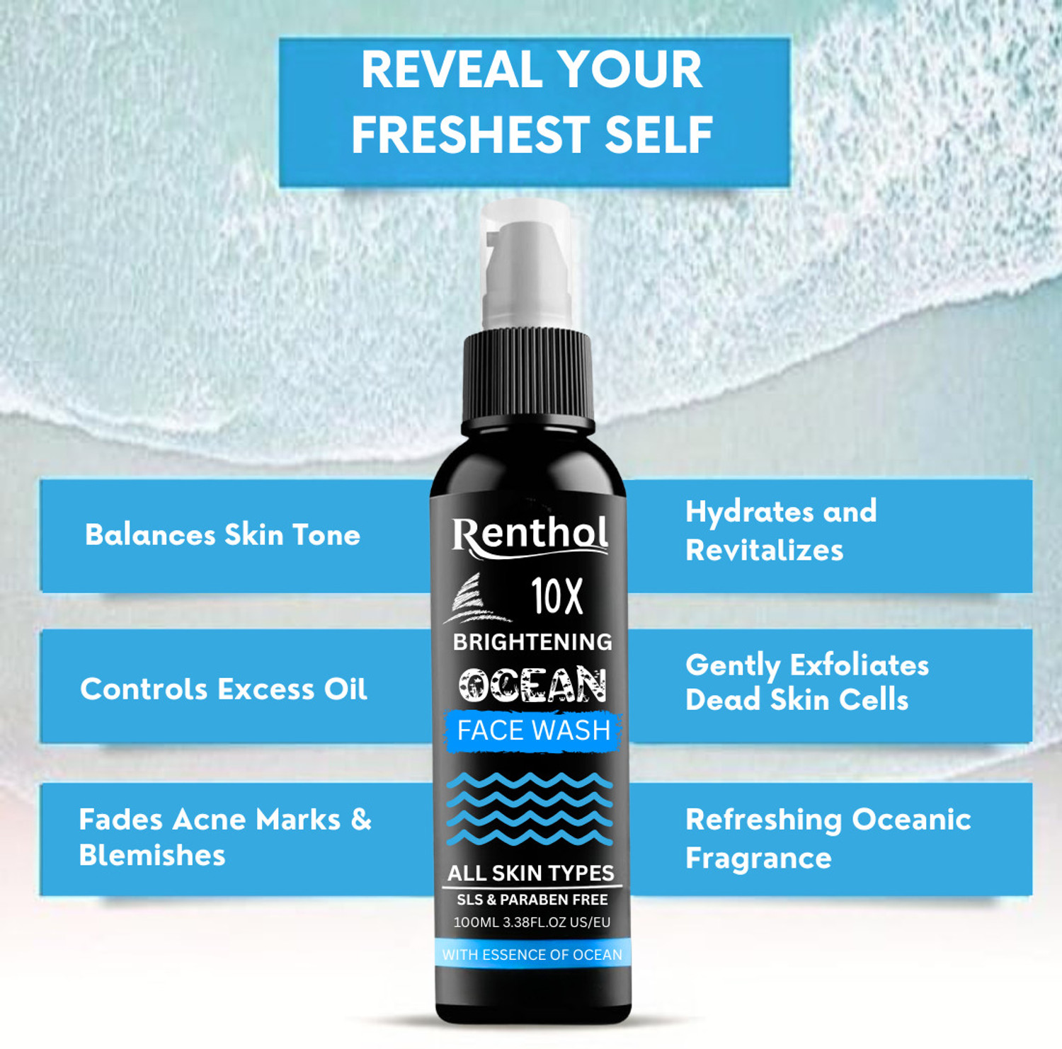 Image of Renthol Ocean for Men | Fight Acne & Pimples, Brighten Skin, Clears Dirt, Oil Control, Refreshing Feel - Multi-Action Formula (pack of2) Face Wash