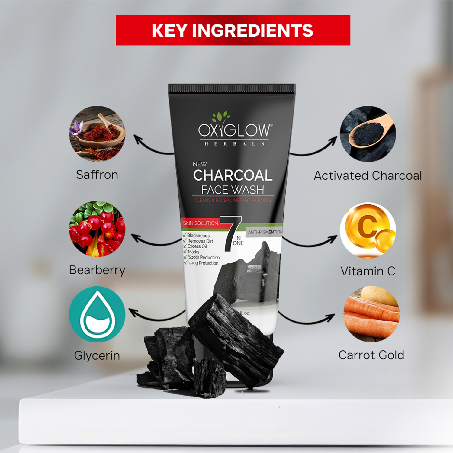 Image of OXYGLOW 7 in One Activated Charcoal ,Remove Spot & Balckheads,Healthy Skin,Cleans Face Wash