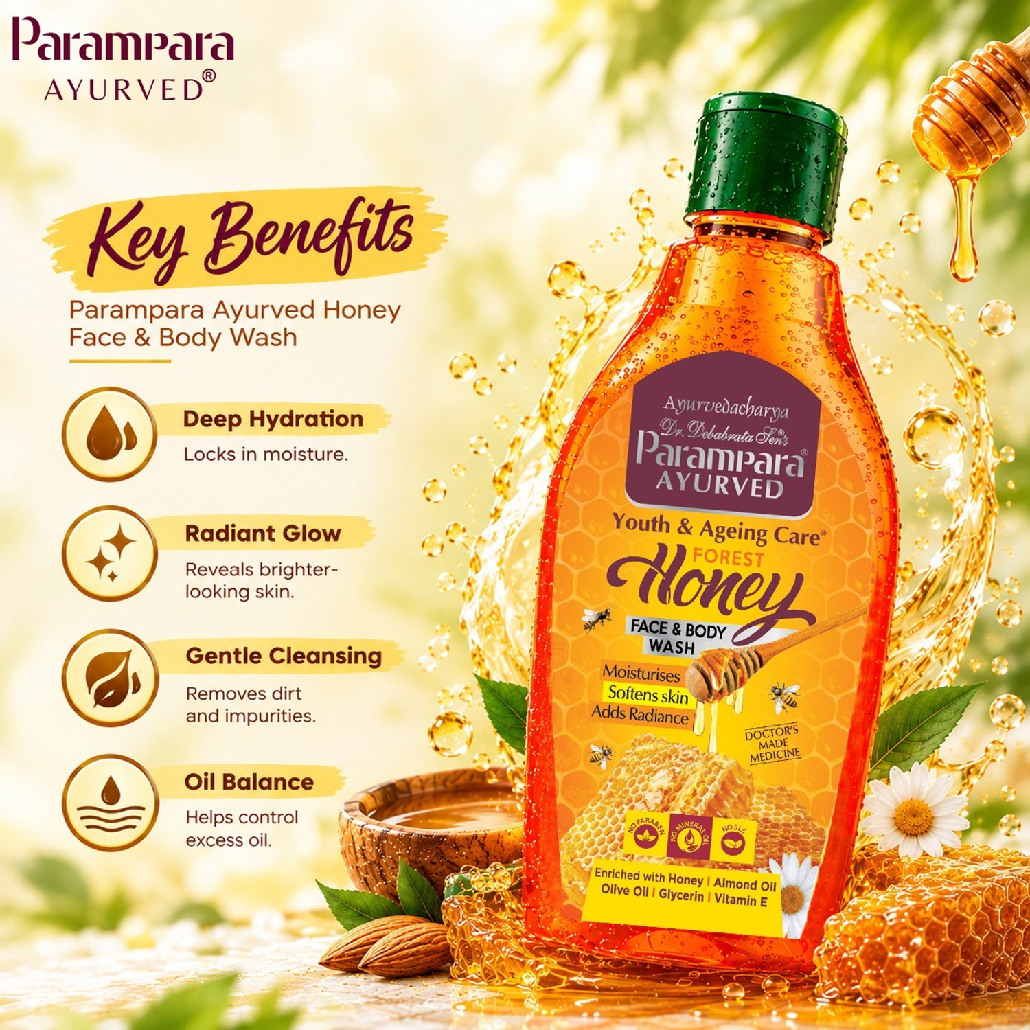 Image of Parampara Ayurved Honey Face & Body Wash Skin Moisturizing Soft & Glowing Face Wash (300 ml)