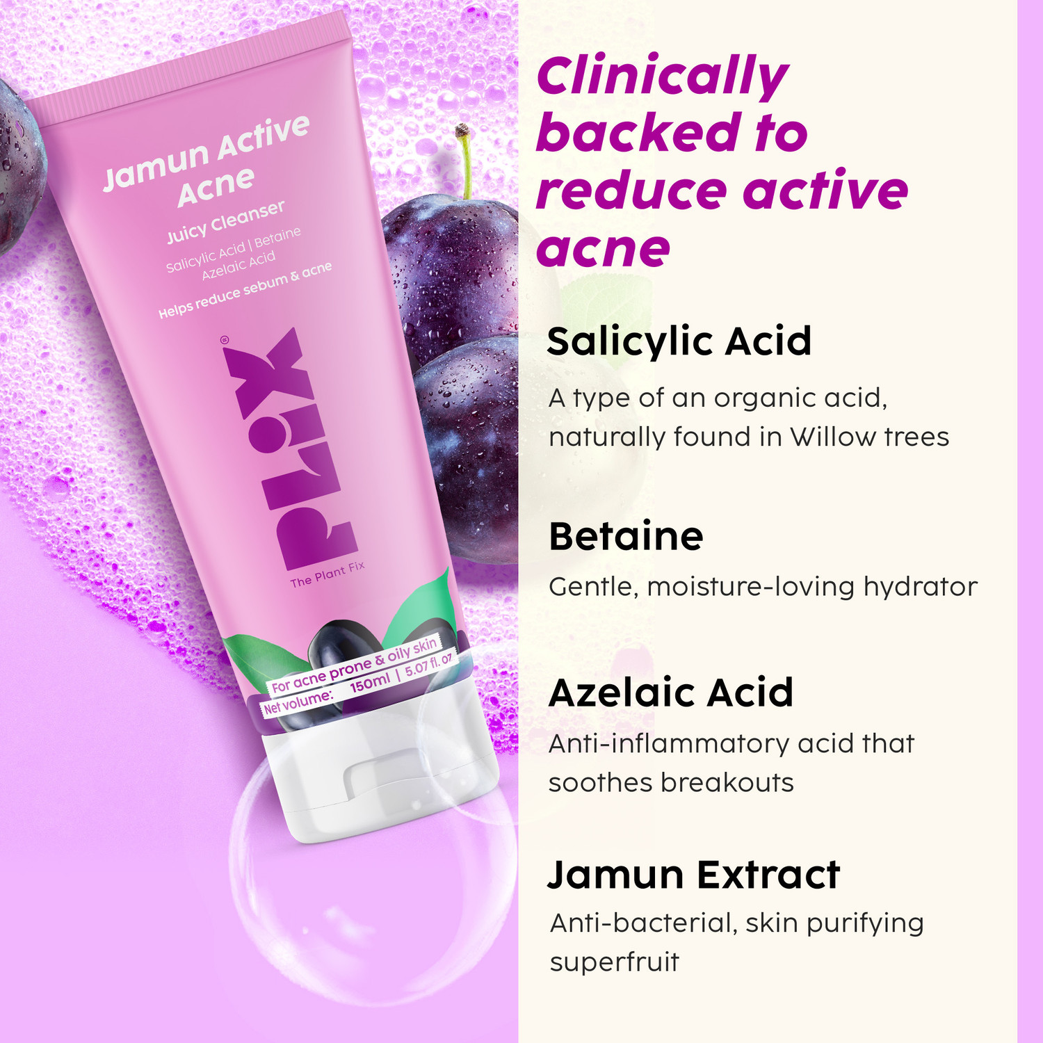 Image of The Plant Fix Plix Jamun Active Acne Cleanser With Salicylic Acid,Gently Cleanses,Helps Reduce Acne Face Wash