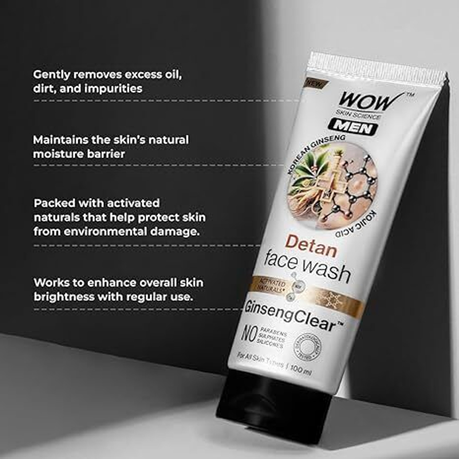 Image of WOW SKIN SCIENCE MEN KOREAN GINSENG + KOJIC ACID Detan Gel | Reduces Tan & Dark Spots | GinsengClear Technology| Pack Of 2| Face Wash