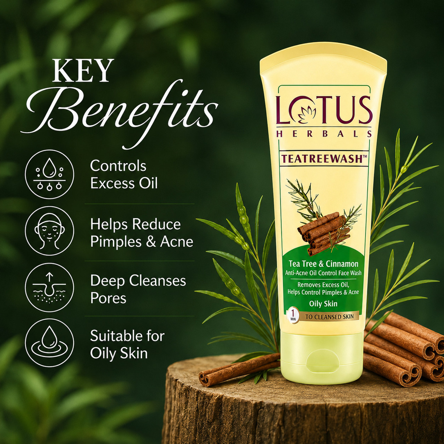 Image of LOTUS HERBALS Teatreewash | with Tea Tree Oil & Cinnamon | Anti Acne | Oil Control | 100g*2 Face Wash