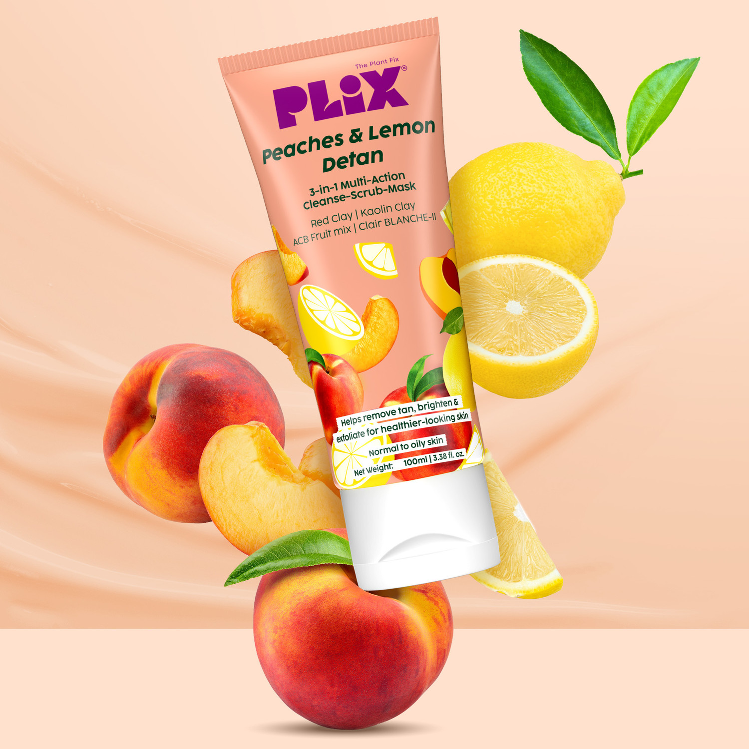 Image of The Plant Fix Plix Peaches & Lemon 3-in-1 Detan Face wash, Scrub & Mask, Red Clay & Kaolin Clay Face Wash