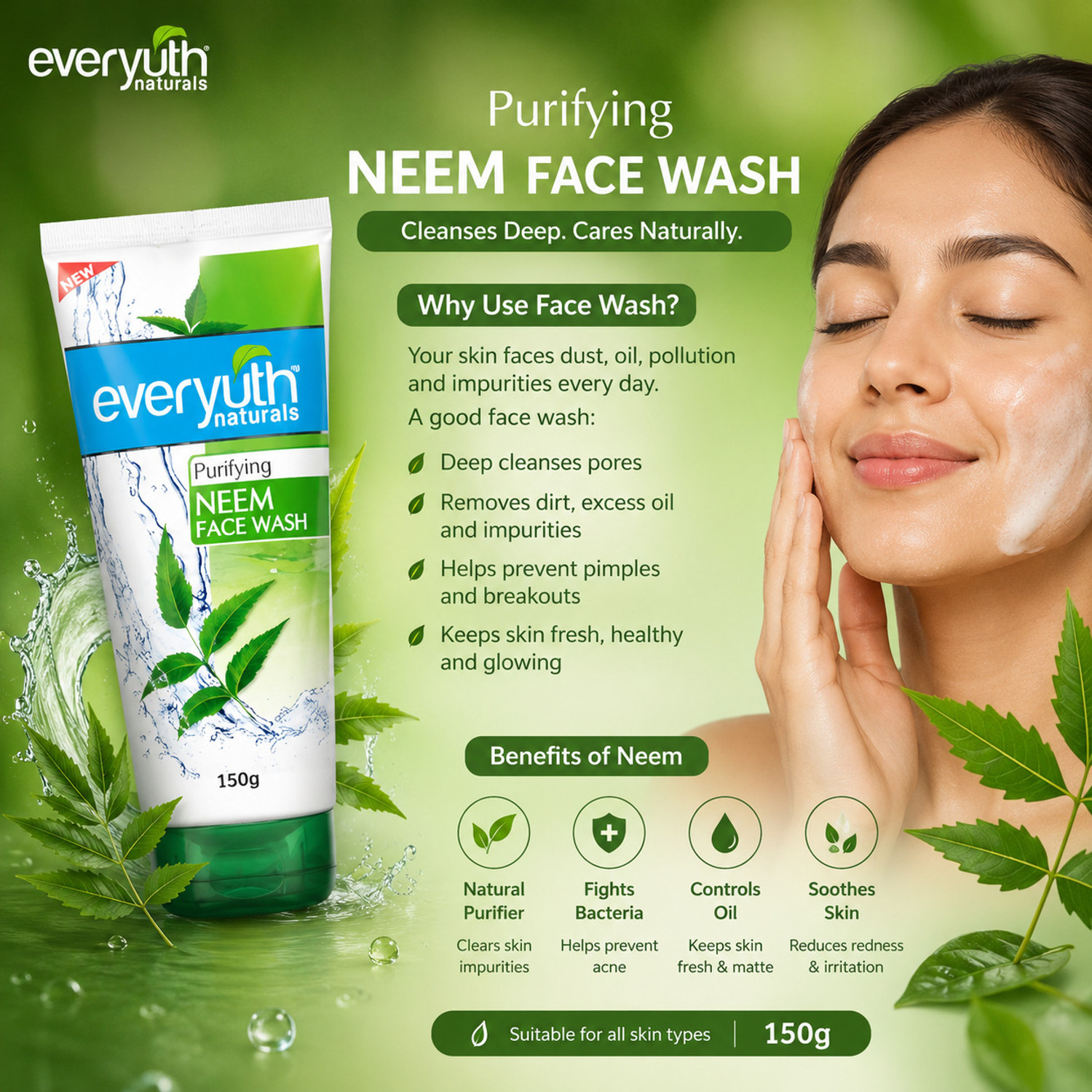 Image of Everyuth Naturals Purifying Neem Antibacterial Neem and Tea Tree Oil Hydrated Clear (150 g) PACK OF 1 Face Wash