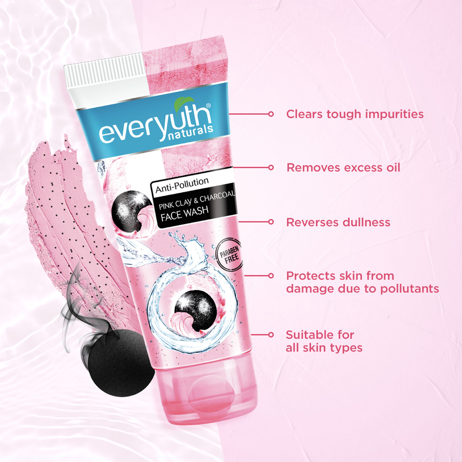 Image of Everyuth Naturals Anti Pollution Pink Clay & Charcoal | For all skin types (Oily / Dry) Face Wash