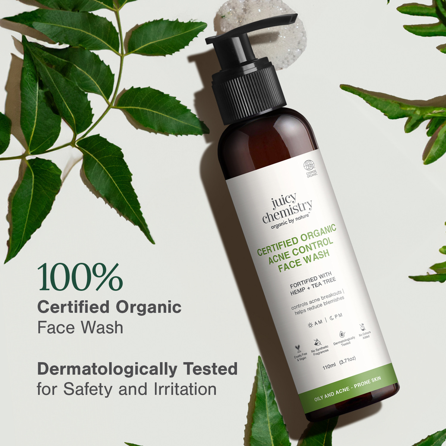 Image of Juicy Chemistry Certified Organic Cleanser with Hemp & Tea Tree | Acne Control Face Wash