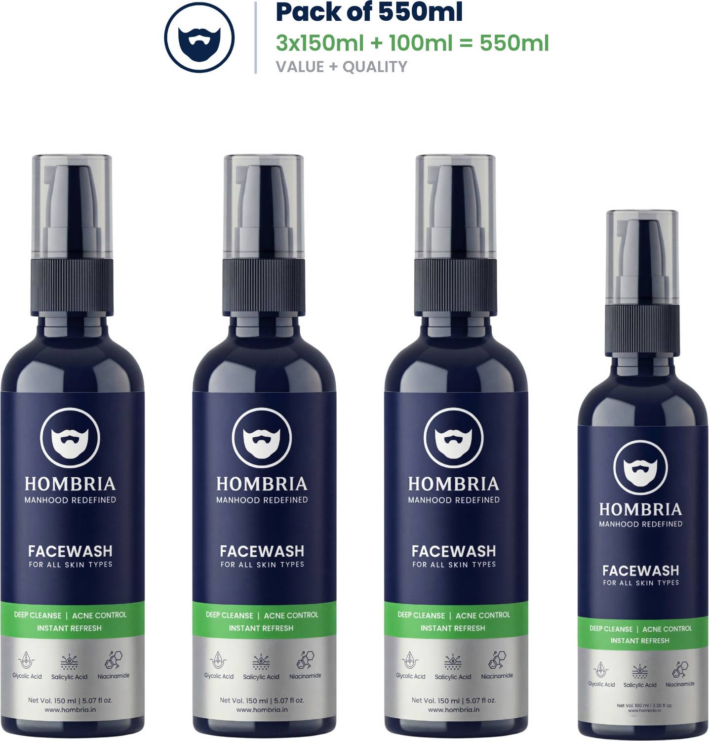 HOMBRIA Facewash for Men, Fights Acne & Pimple, Oil Control, Brightening, All Skin Types Face Wash