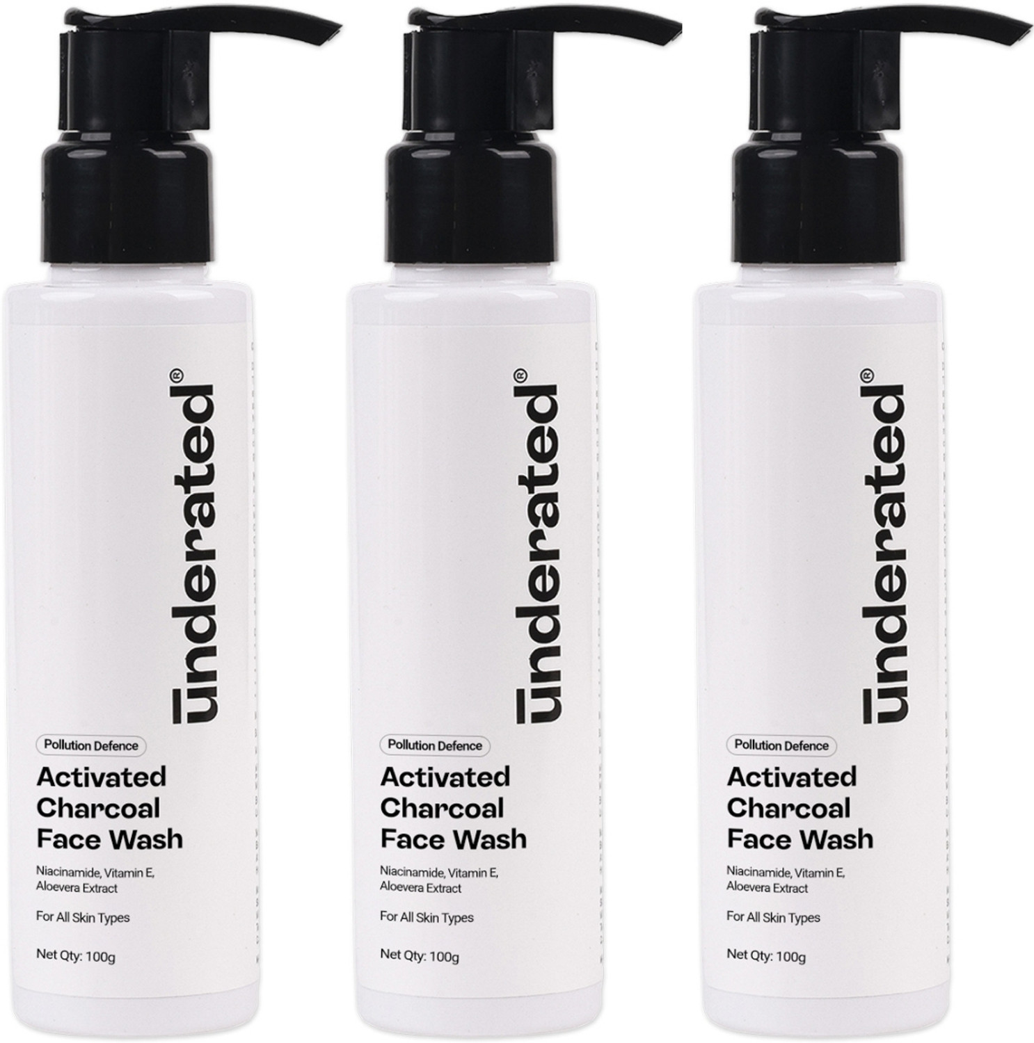 Image of UNDERATED Activated Charcoal Pollution Defence | Deep Cleansing & Oil Control | With Niacinamide, Vitamin E, & Aloe Vera Extract | Unclogs Pores & Detoxifies Skin | For All Skin Types Face Wash