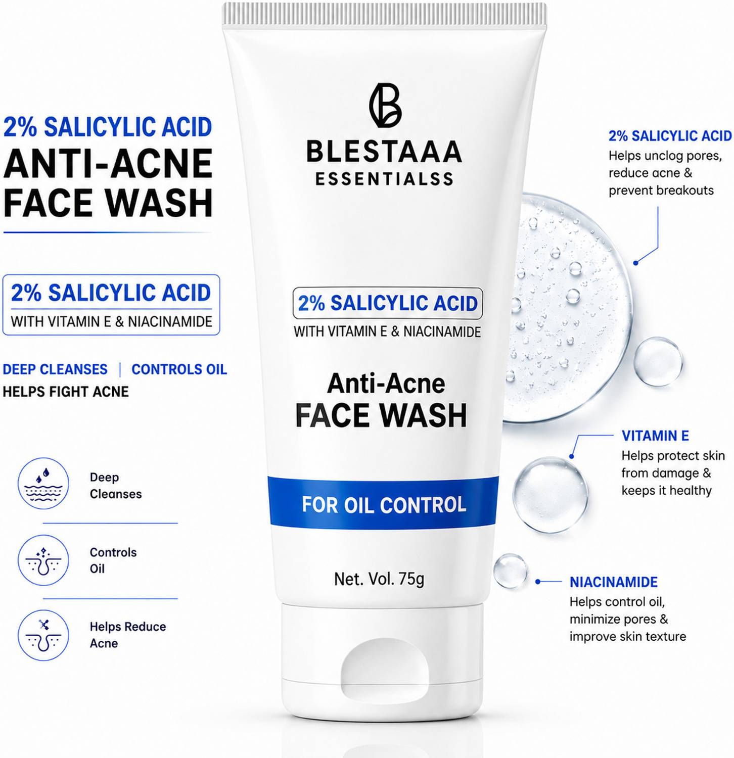 blestaaa essentialss 2% Salicylic Acid For Oily Skin Anti Face Cleanser With Niacinamide & Vitamin E For Acne Face Wash