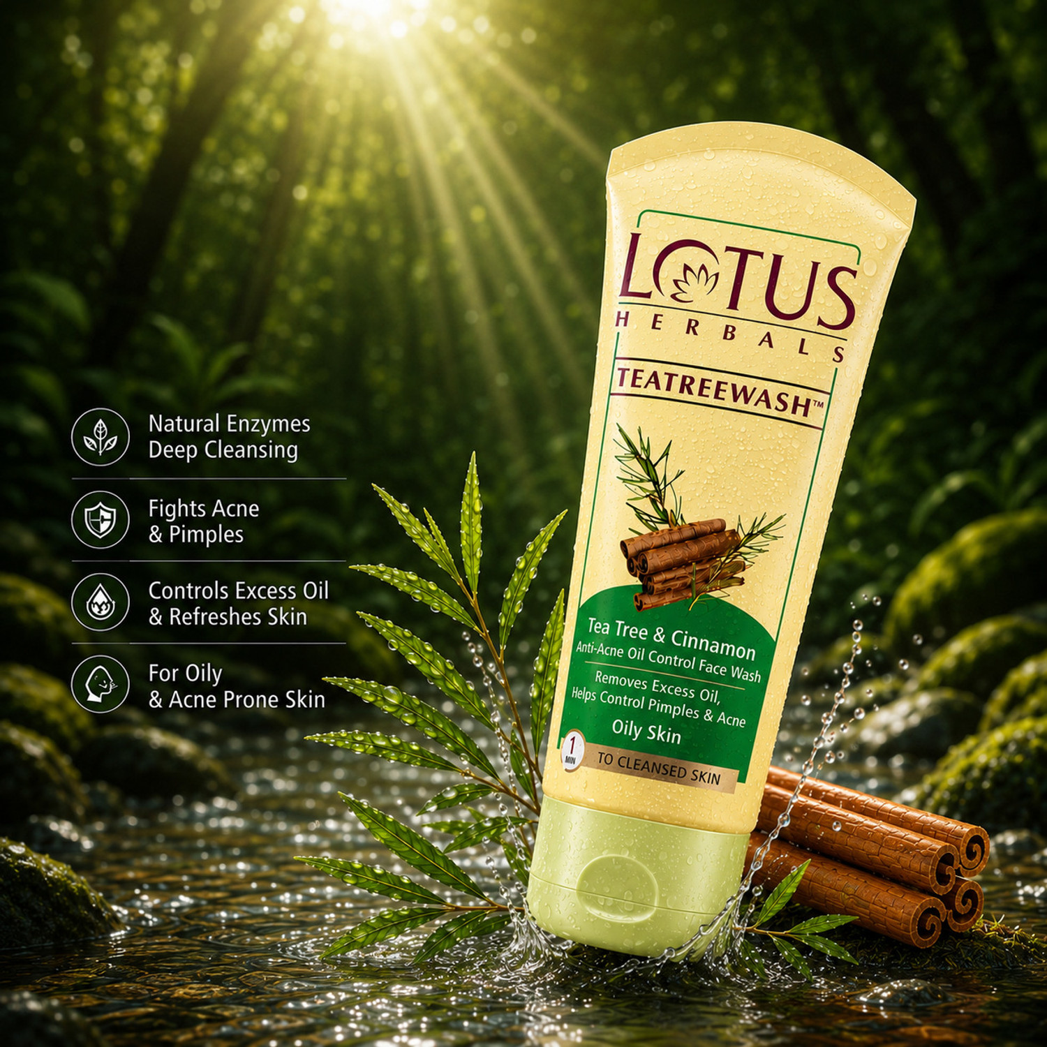 Image of LOTUS HERBALS Teatreewash | with Tea Tree Oil & Cinnamon | Anti Acne | Oil Control | 100g*2 Face Wash