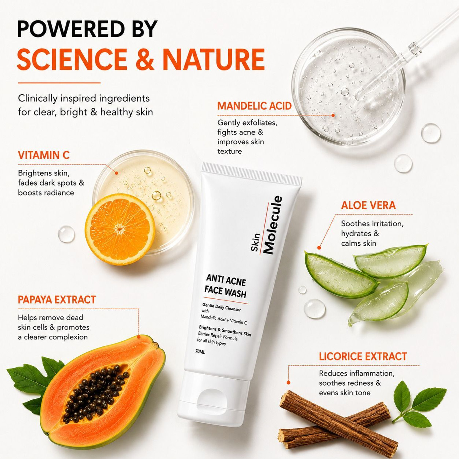 Image of Skin Molecule Anti Acne Facewash with Mandelic Acid & Vitamin C | Deep Cleansing Face Cleanser for Acne Prone Skin | Brightens & Smoothens Skin Face Wash