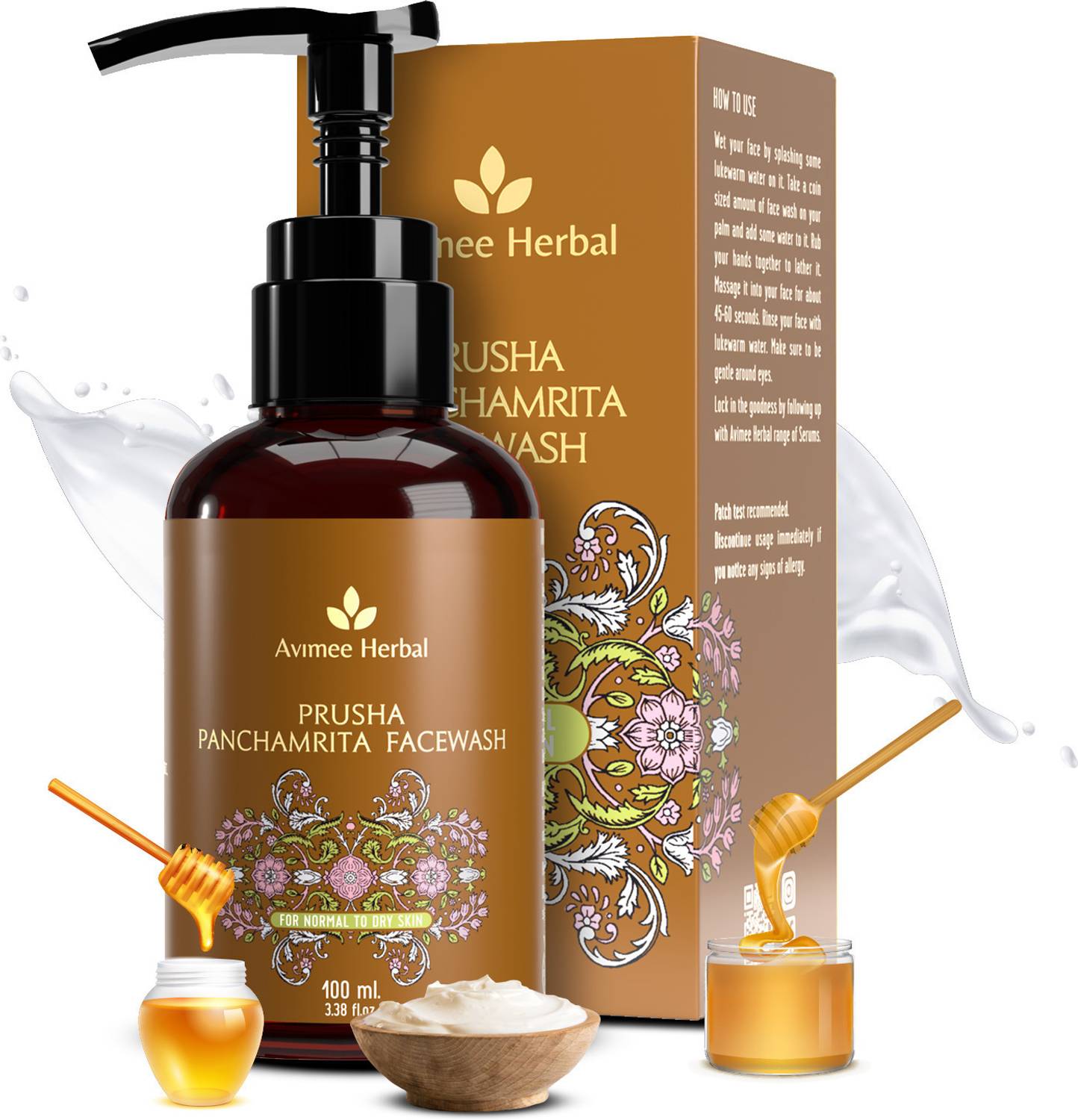 Avimee Herbal Prusha Panchamrita Facewash | Curd, Milk, Ghee, Honey, Jaggery | 100mL Face Wash