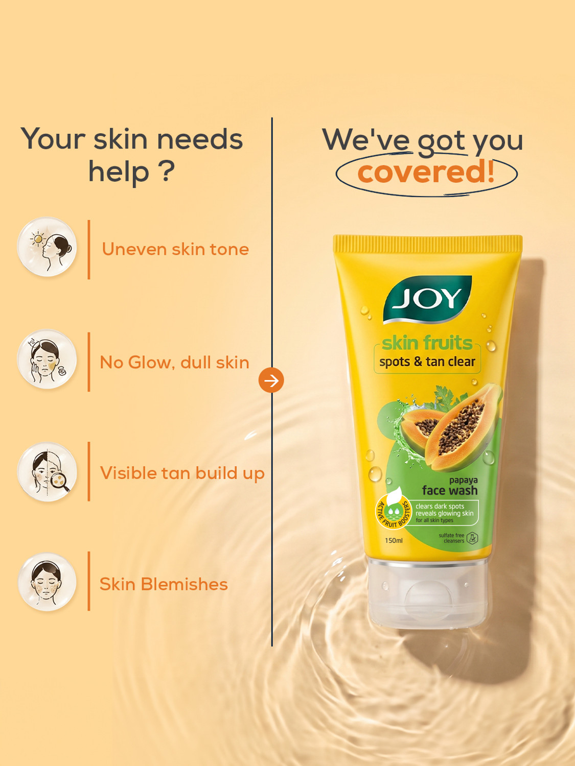 Image of Joy Skin Fruits Spots & Tan Clear Papaya (Pack of 4X50) For All Skin Types Face Wash