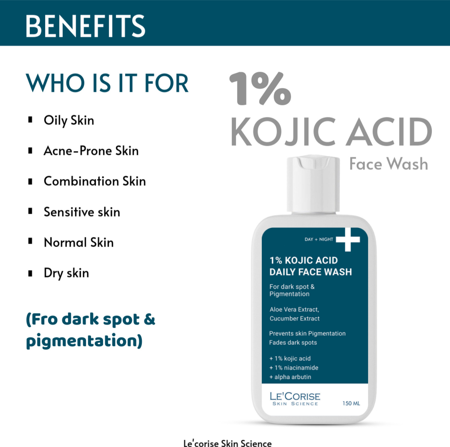 Image of Le'Corise 1% Kojic Acid with Niacinamide & Alpha Arbutin For Dark Spots, Blemishes & Pigmentation Face Wash