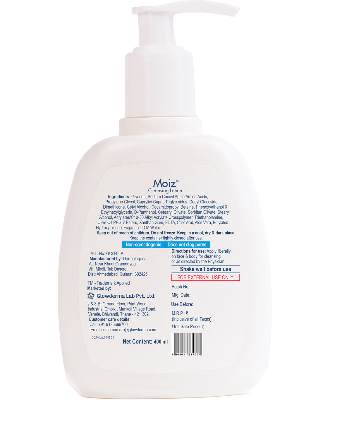 Image of Moiz Cleansing Lotion | Gentle Skin Cleanser| pH 5.6 | Soap, Paraben & Sulphate Free (400 ml) Pack of 2 Face Wash