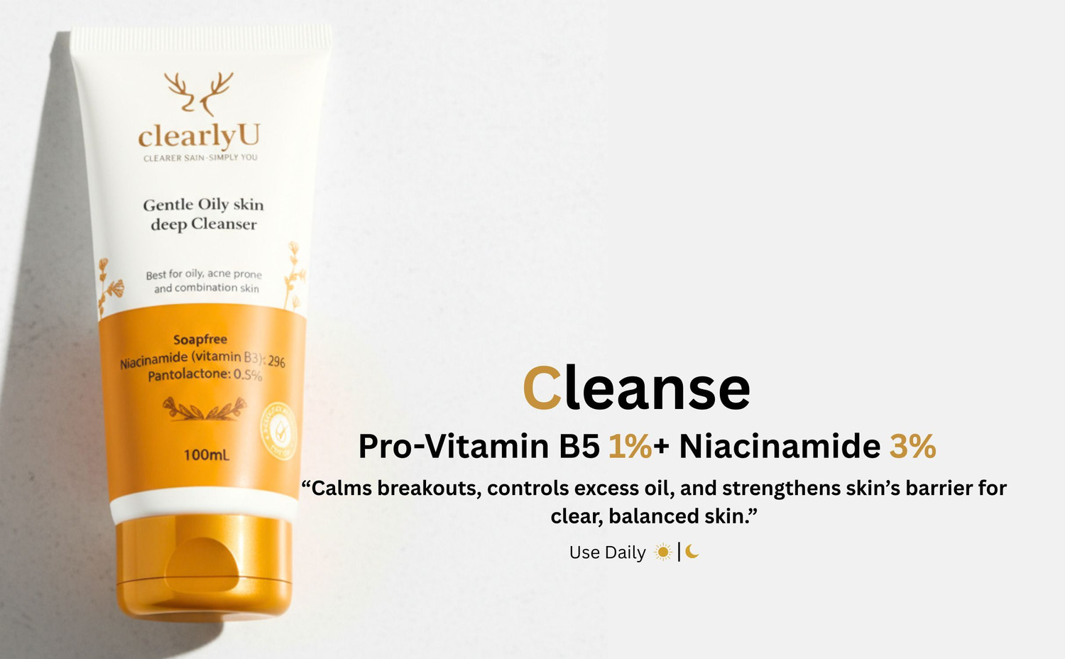Image of clearlyU Deep Skin Cleanser | Niacinamide & Panthenol Enriched pH Balanced Formula for Oily & Acne-Prone Skin, 100 ml Face Wash