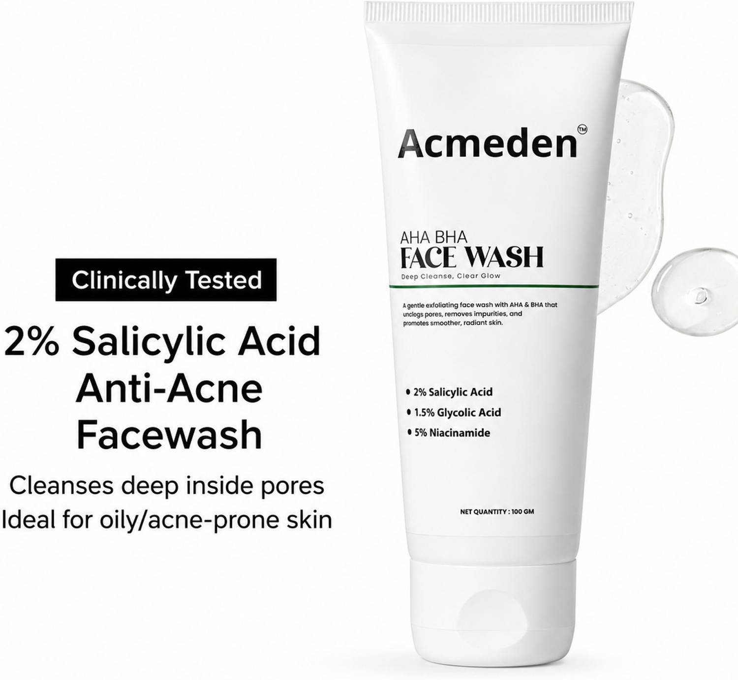 Acmeden AHA BHA Acne Control with Salicylic, Glycolic, and Niacinamide Face Wash