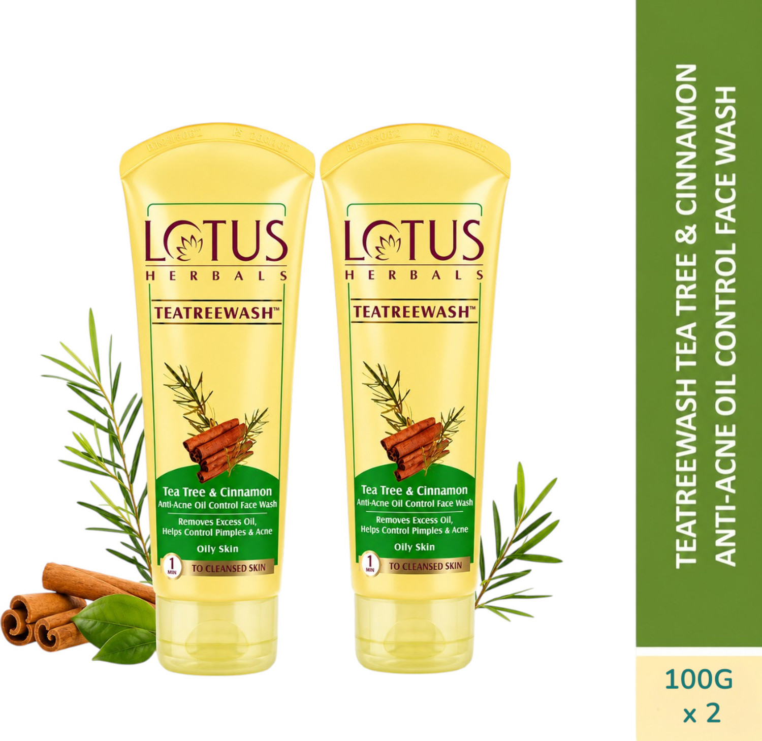 Image of LOTUS HERBALS Teatreewash | with Tea Tree Oil & Cinnamon | Anti Acne | Oil Control | 100g*2 Face Wash