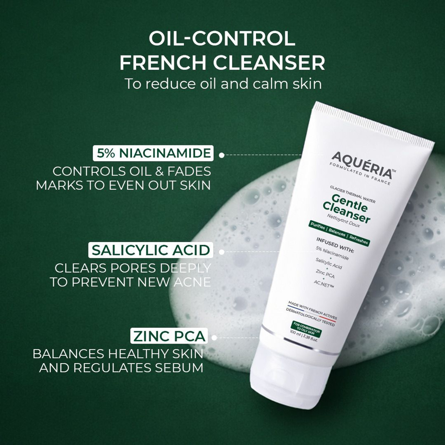 Image of Aqueria 5% Niacinamide Oil Control French Gentle Cleanser Reduces Acne & Marks Acne Prone, Oily Skin Cleanser (Pack of 2) Face Wash