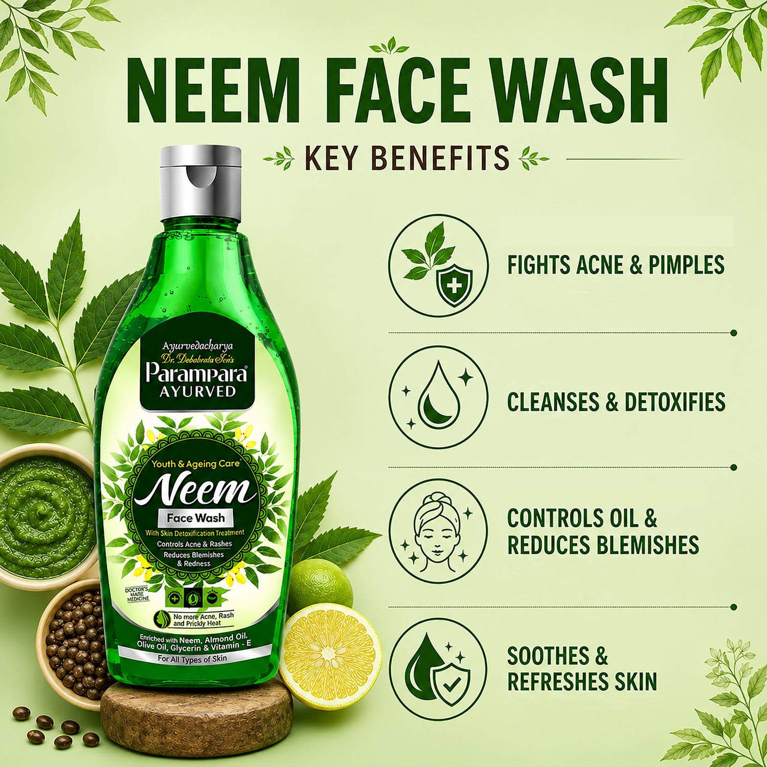 Image of Parampara Ayurved Neem Herbal Face Cleanser Combo with Neem Extract Daily Facial Cleansing Gel Anti Acne Face Wash