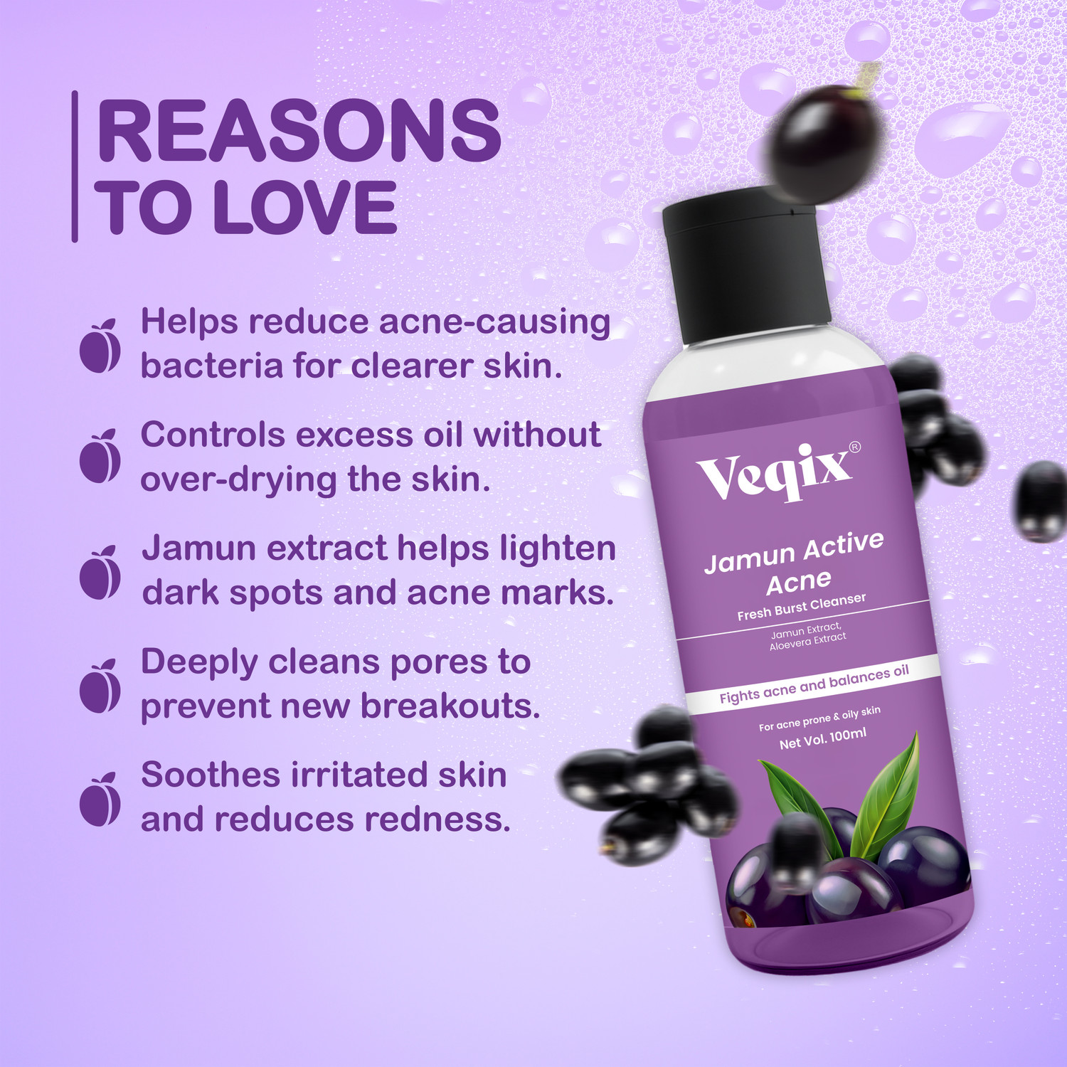 Image of veqix Jamun Active Acne Regime, Toner, Cleanser, 2% Salicylic Acid Serum & Moisturizer