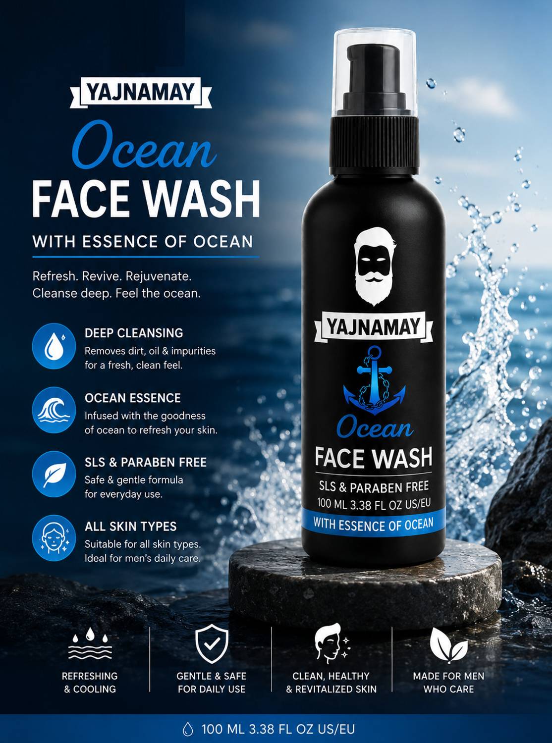 YAJNAMAY Ocean Mineral Men Face Wash 100 ml - Image 4