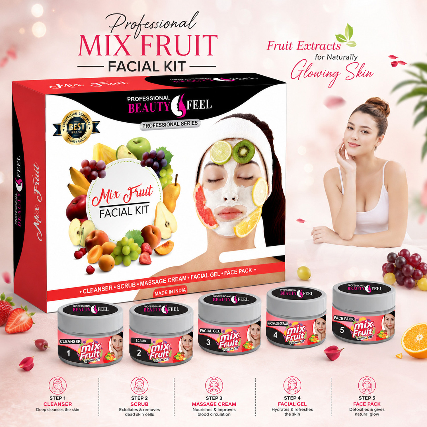 Image of PROFESSIONAL FEEL Beauty Feel Mix Fruit Facial kit For All Type Skin Solution, 2 pack of 275 G