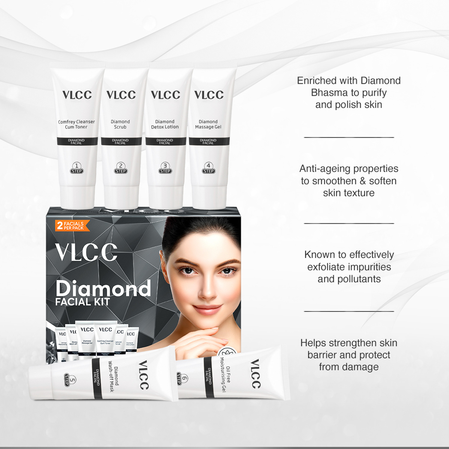 Image of VLCC Diamond Facial Kit - Skin purifying with Parlour Glow (Pack of 4)