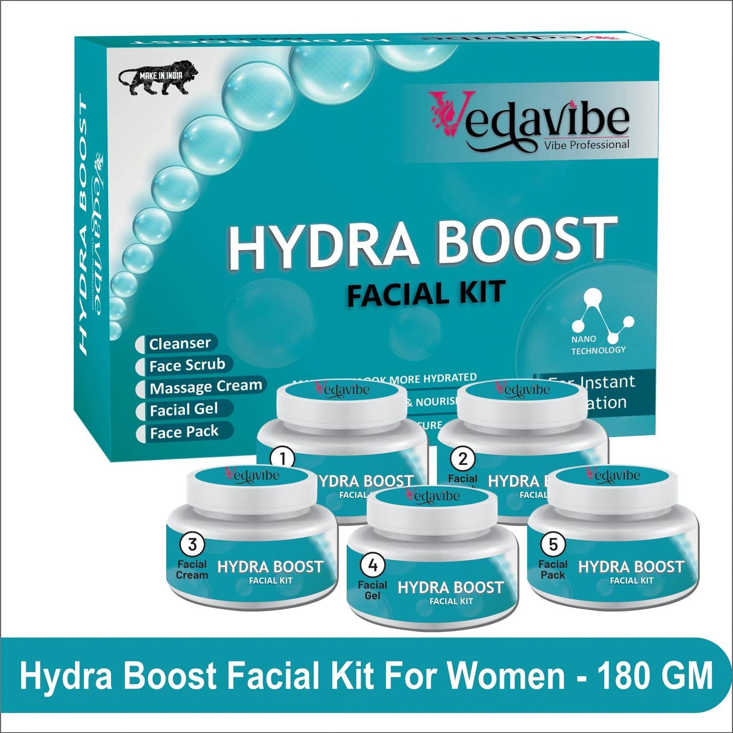 VEDAVIBE PROFESSIONAL HYDRA BOOST LUXURIES FACIAL KIT (SET OF 5)