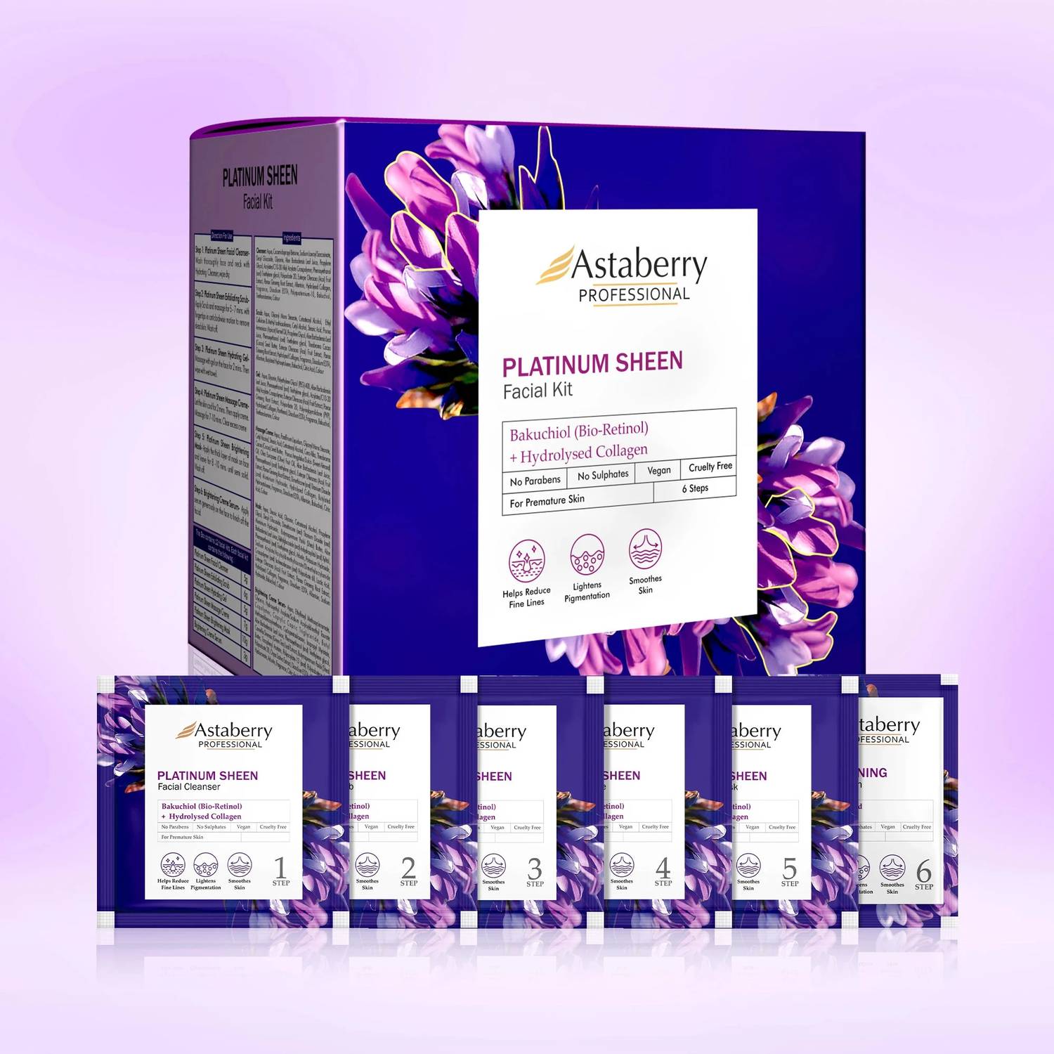 ASTABERRY Professional Platinum Sheen Facial Kit with Hydrolyzed Collagen & Bakuchiol -
