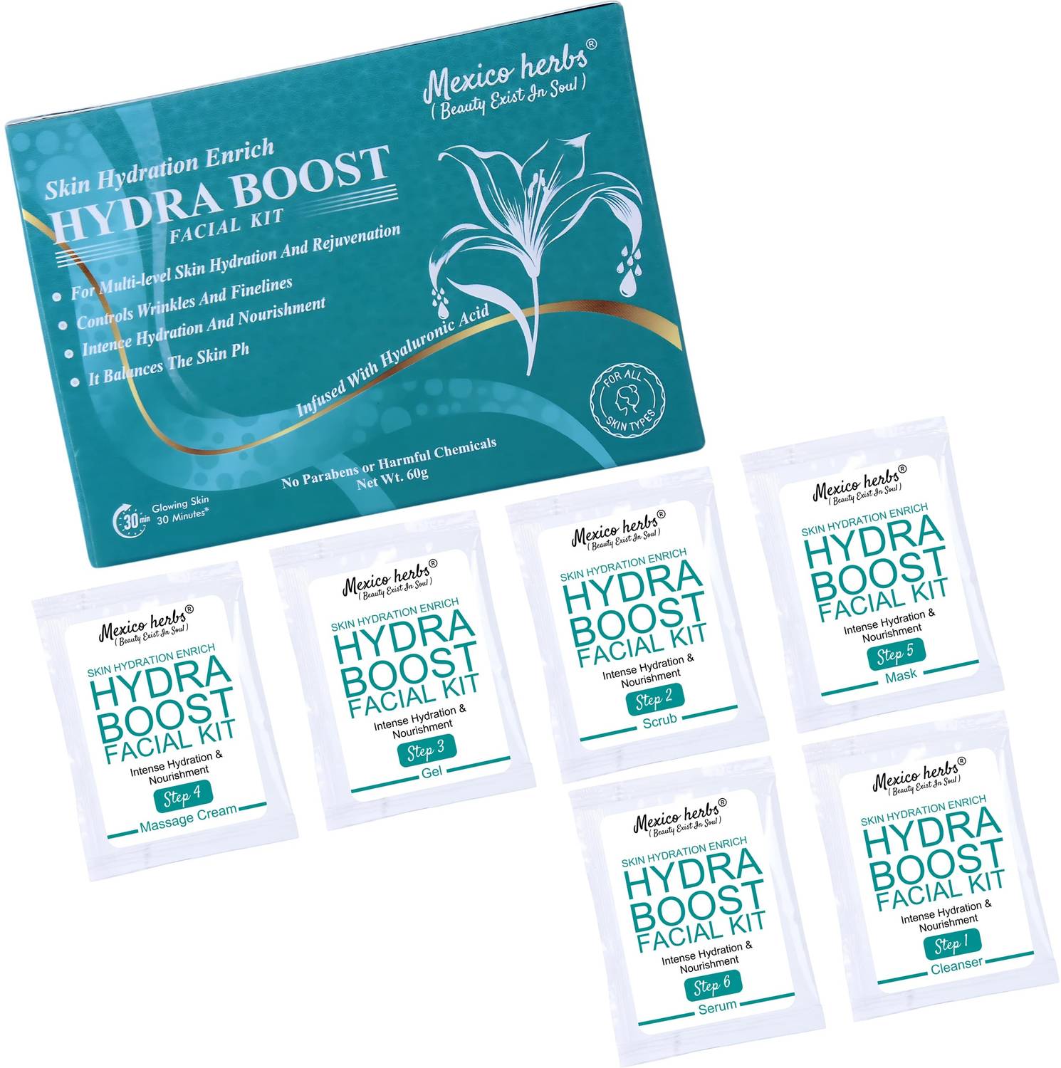 Mexico herbs HYALURONIC ACID HYDRA BOOST DETAN FACIAL KIT 60 g (6