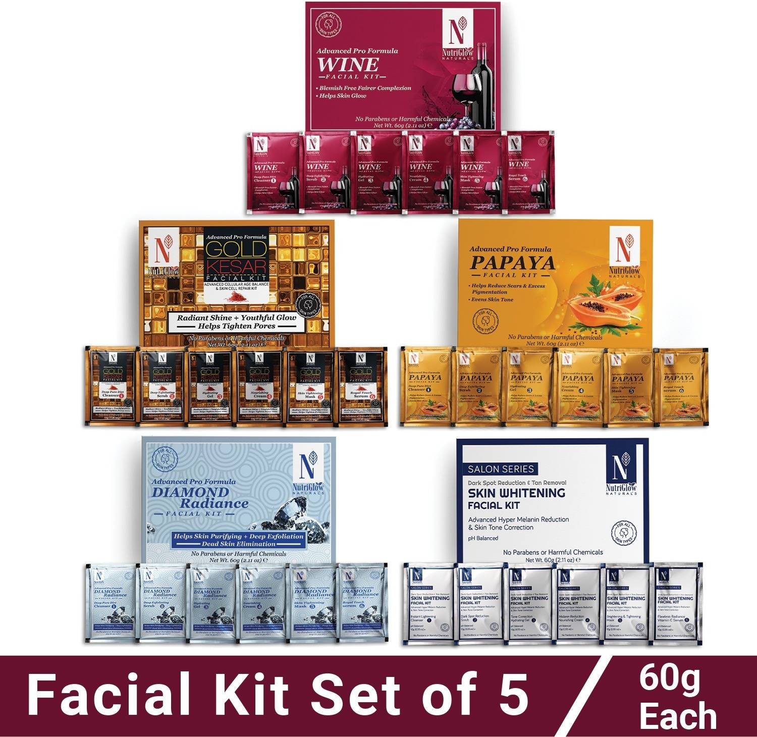 NutriGlow NATURAL'S Facial Kit Pack-5|Wine|Papaya|Gold Kesar|Skin Whitening & Diamond|