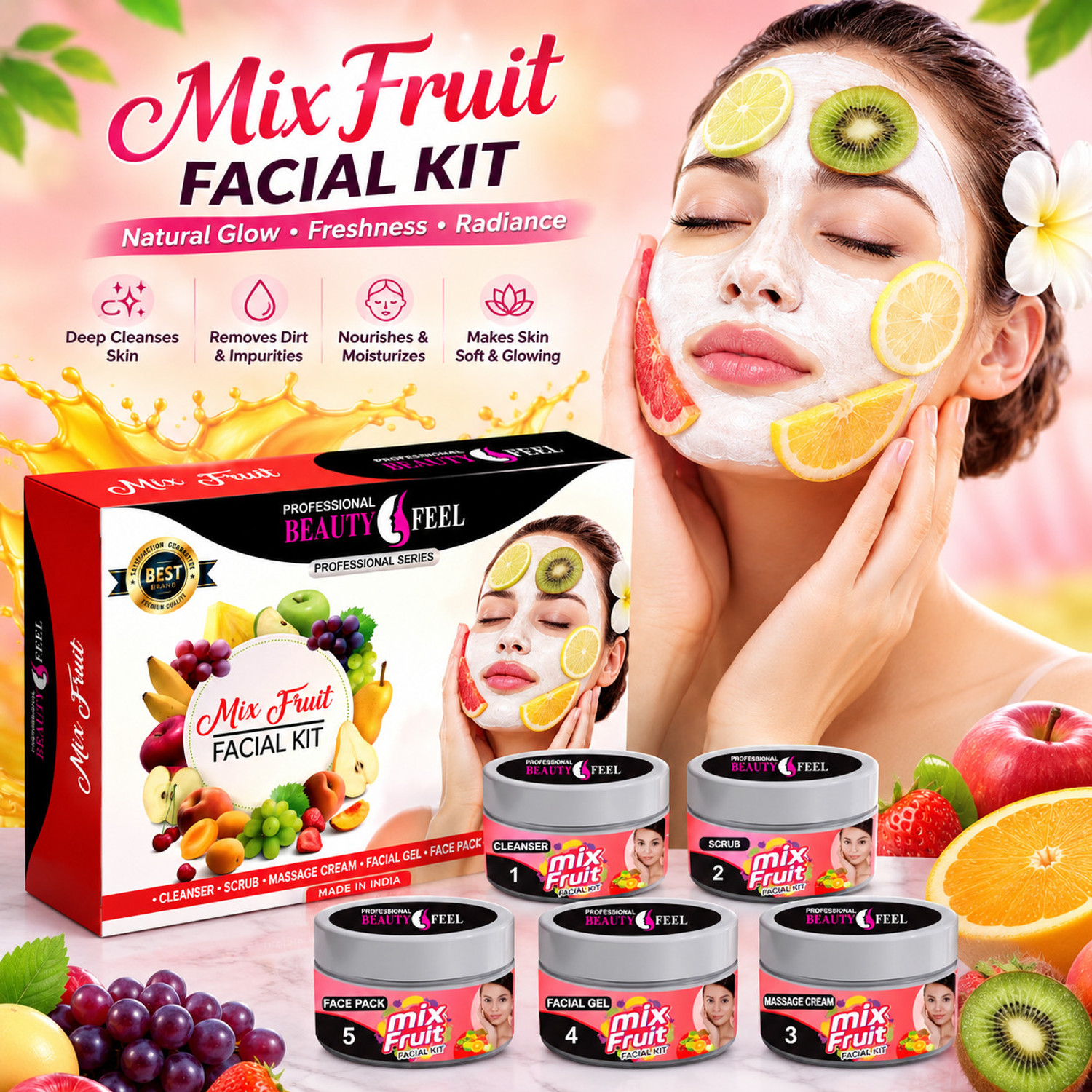 Image of PROFESSIONAL FEEL Beauty Feel Mix Fruit Facial kit For All Type Skin Solution, 2 pack of 275 G