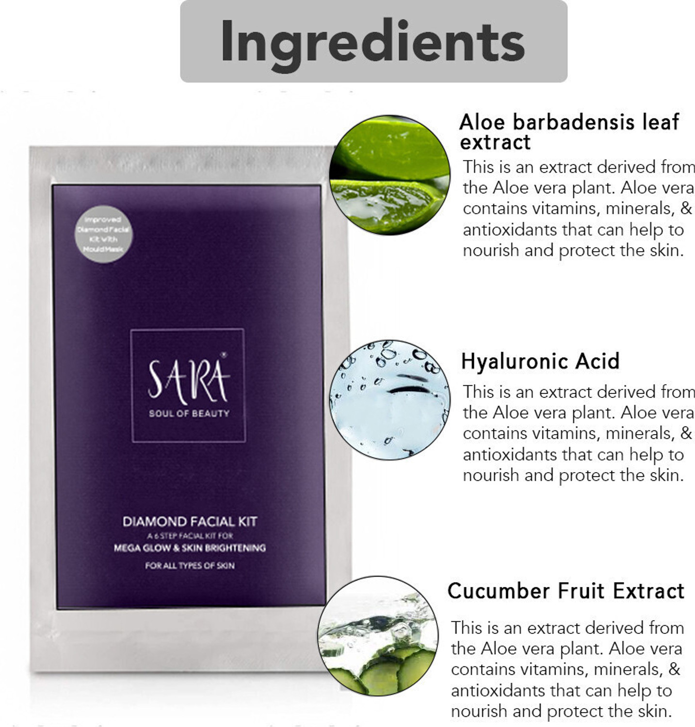 Image of SARA SOUL OF BEAUTY 6 Step Diamond Facial Kit For Reduced Skin Tone,Tan Removal &Instant Shine Glow