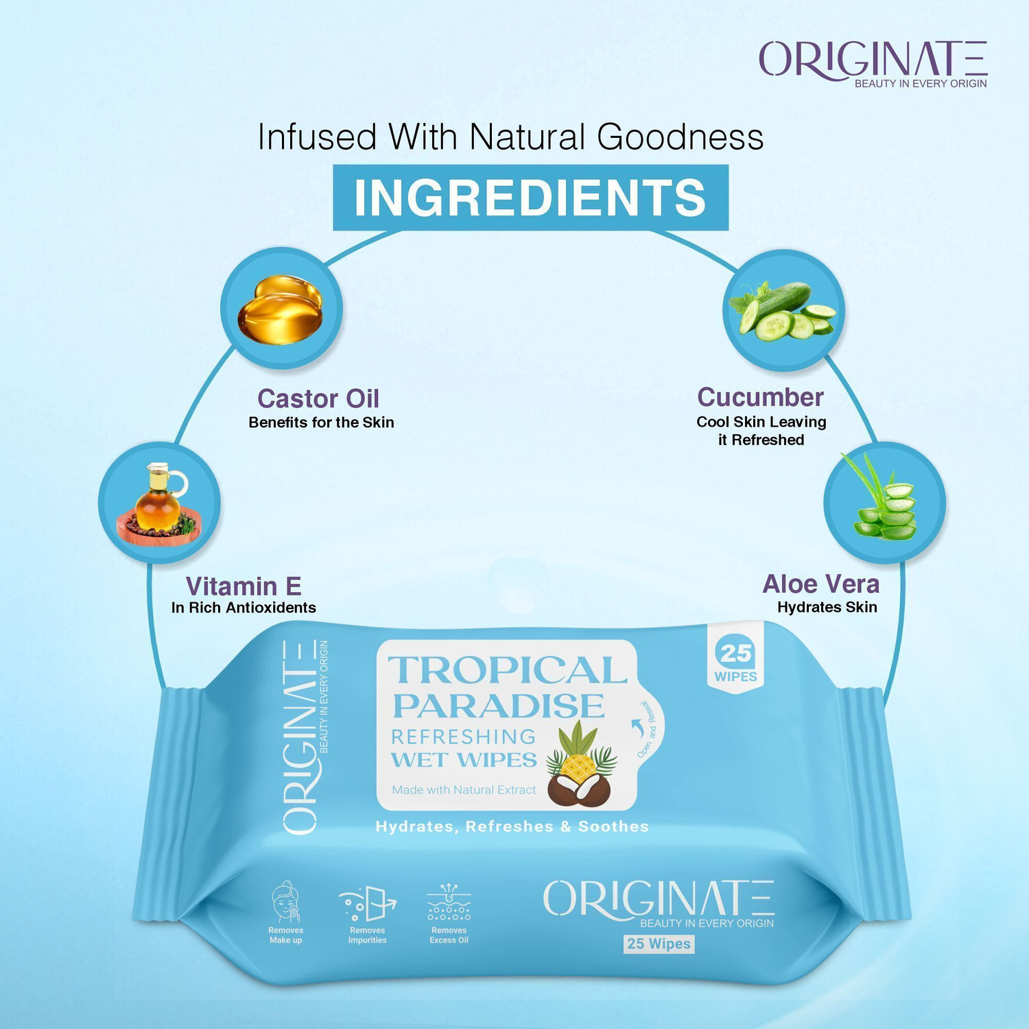 Image of ORIGINATE Tropical Paradice Refreshing Wet Wipes for Easy Makeup Excess Oil Removal-Pack-9
