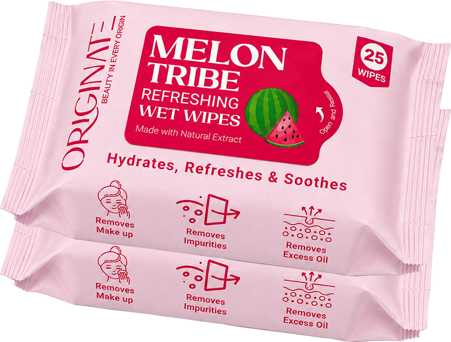 Image of ORIGINATE Melon Tribe Refreshing Wet Wipes for Easy Makeup, Excess Oil Removal-