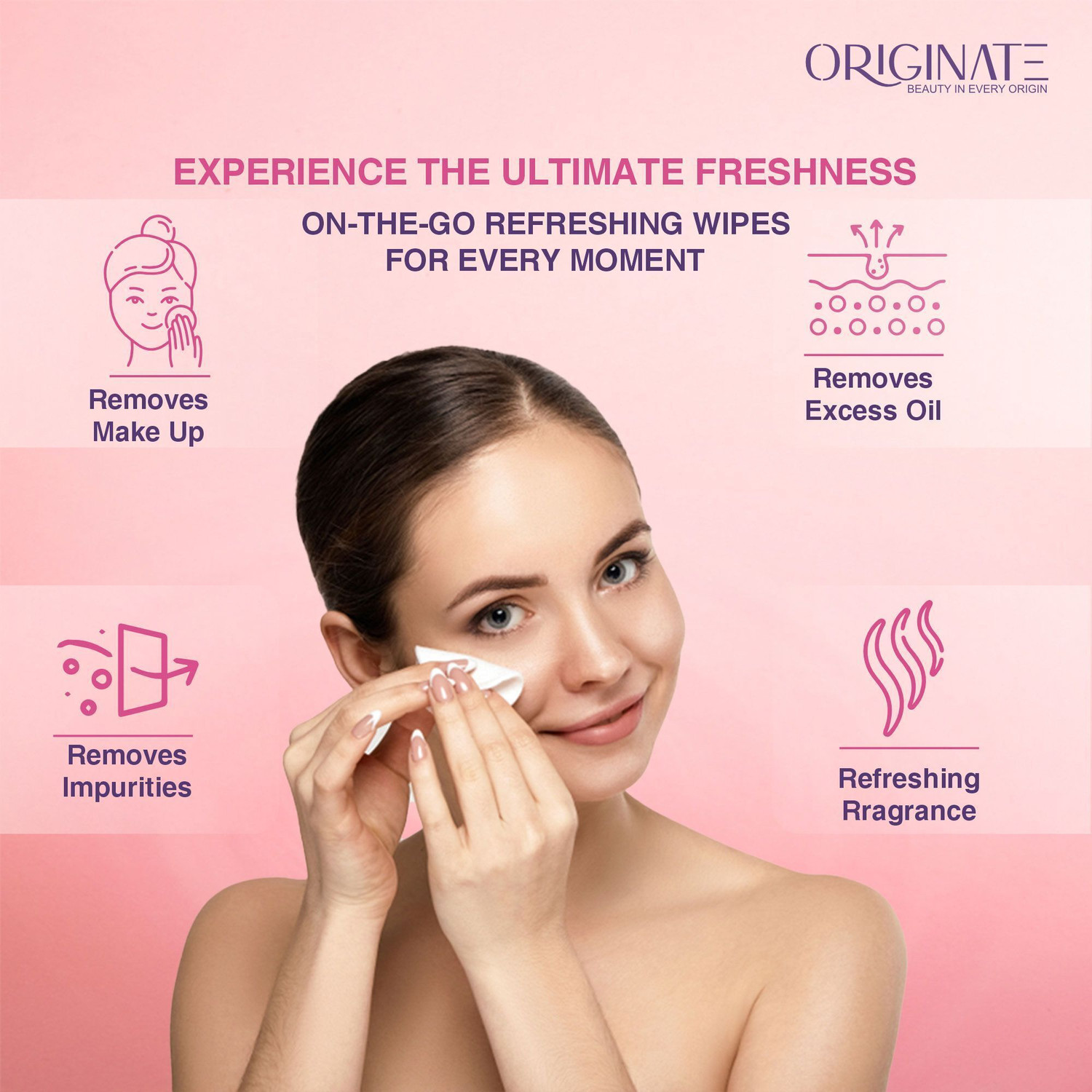 Image of ORIGINATE Melon Tribe Refreshing Wet Wipes for Easy Makeup, Excess Oil Removal-