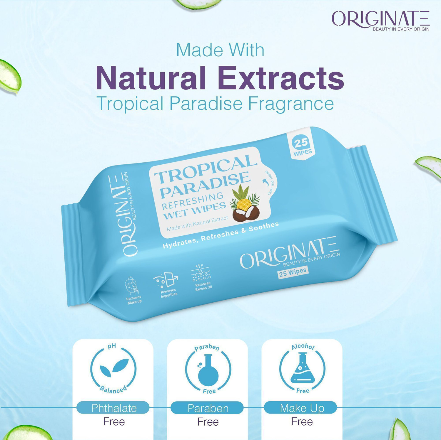 Image of ORIGINATE Tropical Paradice Refreshing Wet Wipes for Easy Makeup Excess Oil Removal-Pack-9