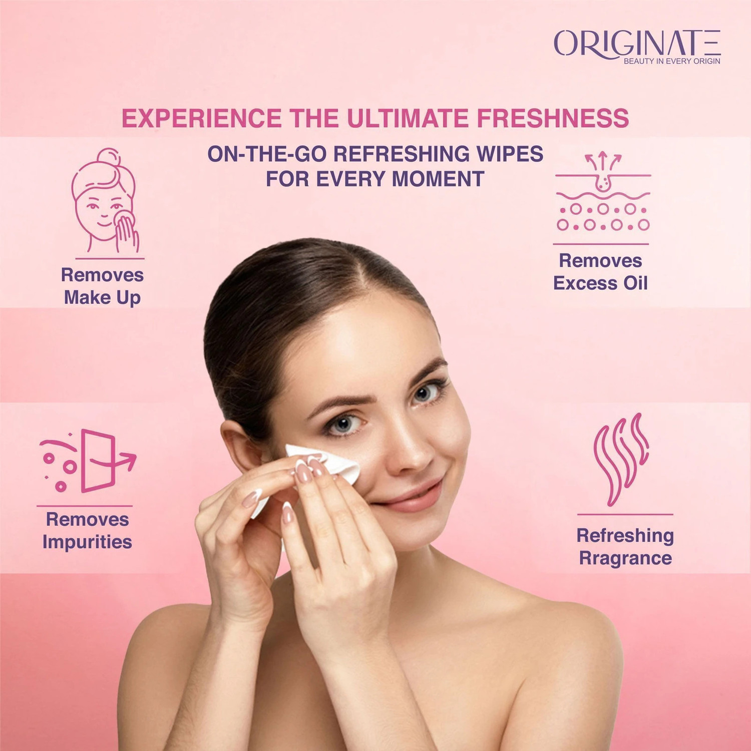 Image of ORIGINATE Melon Tribe Refreshing Wet Wipes for Easy Makeup, Excess Oil Removal-